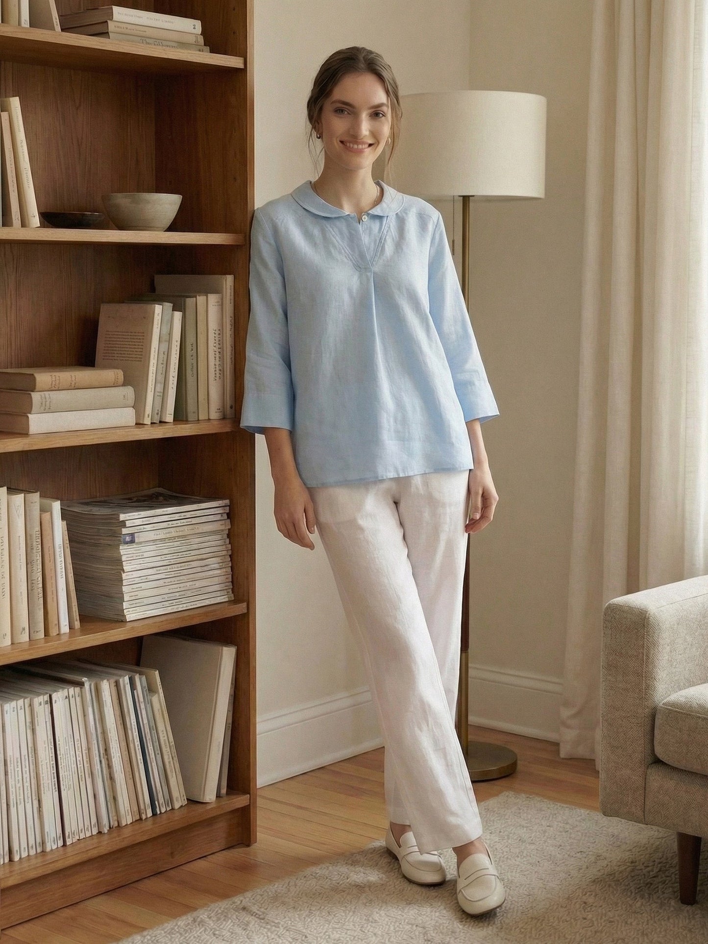 100% Linen Shawl V-Neck Half Sleeve Top JADE