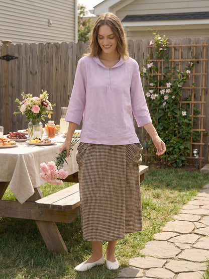 100% Linen Shawl V-Neck Half Sleeve Top JADE
