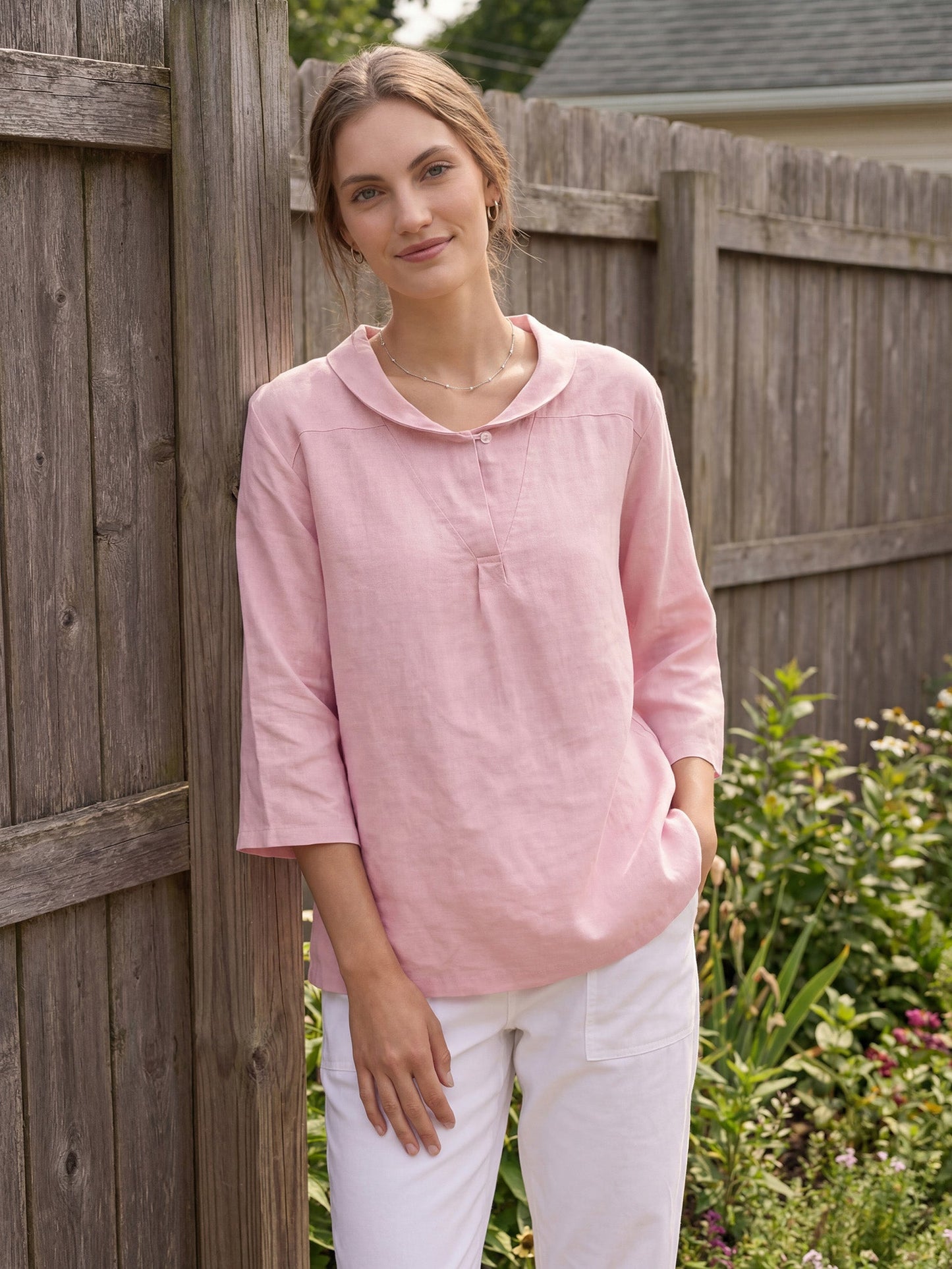 100% Linen Shawl V-Neck Half Sleeve Top JADE