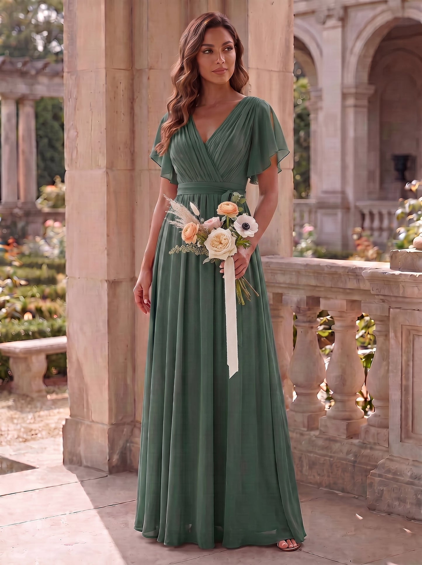 LEORA™ | Vestido de Dama de Honor de Gasa con Escote en V