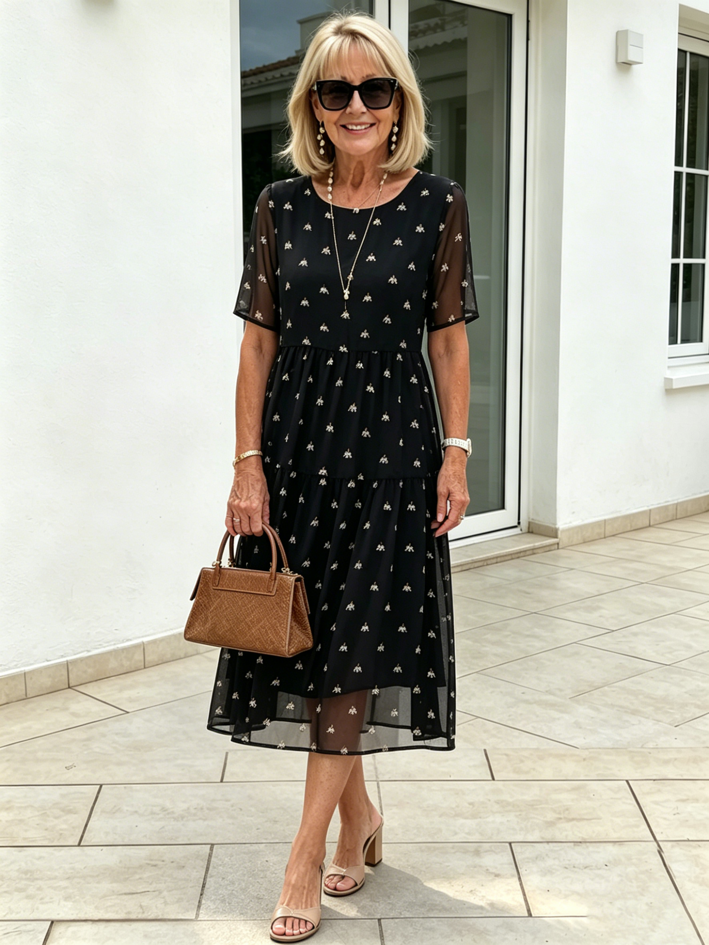 Black Elephant Print Tiered Chiffon Midi Dress, Round Neck Short Sleeve High Waist Loose Tummy Cover Mom Dress